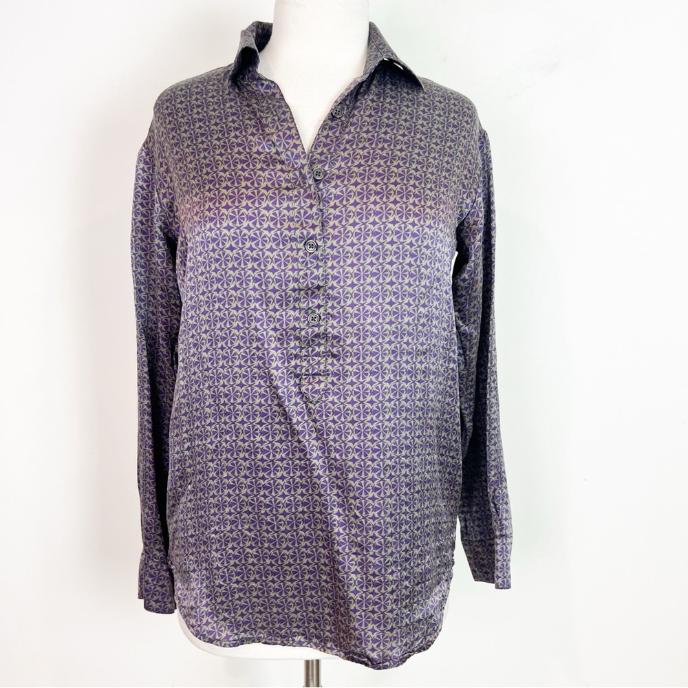 CABI PURPLE GREEN SILKY HENLEY POPOVER BLOUSE STYLE 117 WOMENS SZ XS